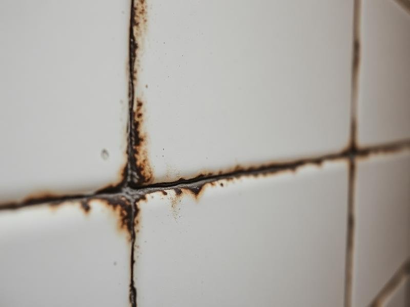 Stained mouldy grout between wall tiles